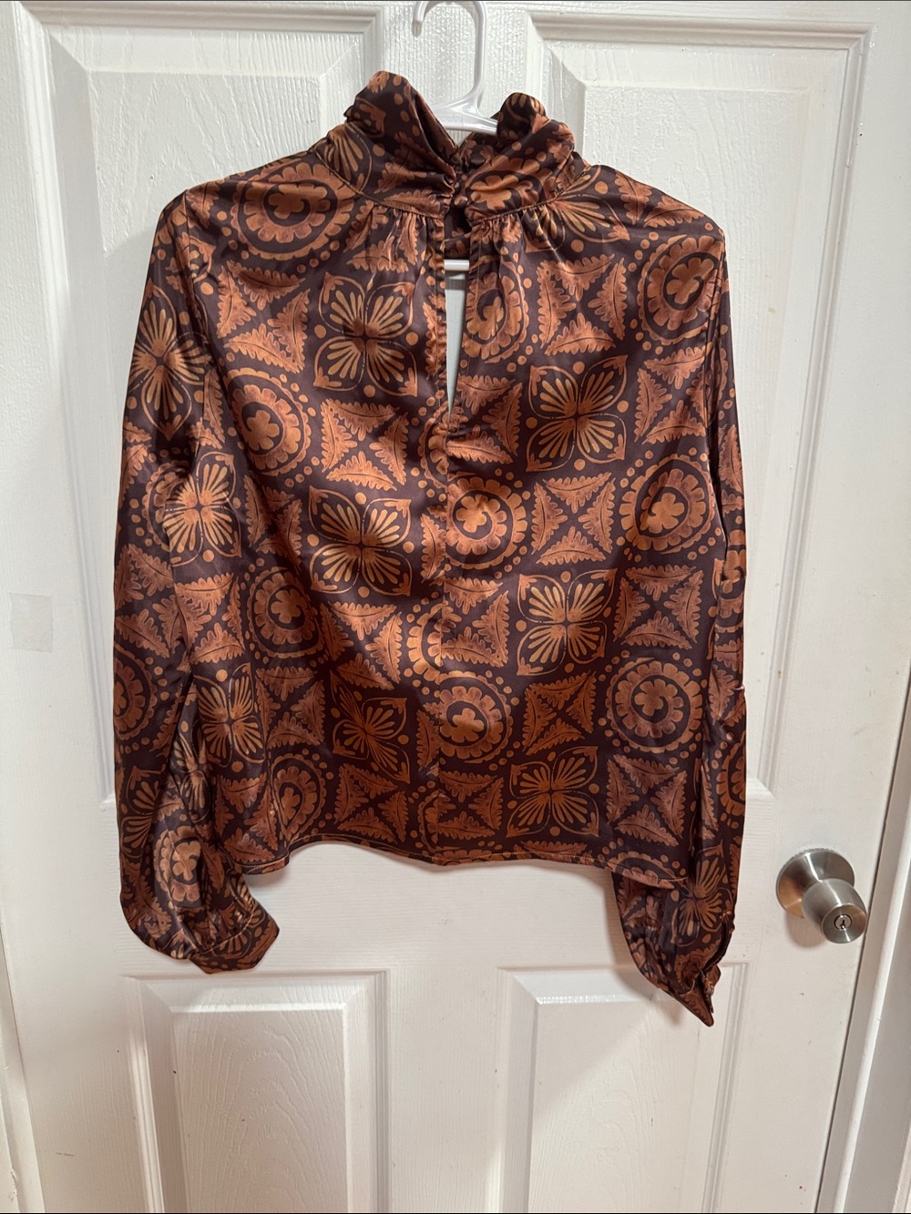 Doe & Rae Brown Printed Ruffled High-Neck Blouse - Picture 3 of 5